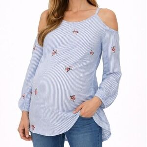 Motherhood Maternity Blue White Stripe Floral Cold Shoulder Tunic Top Size M